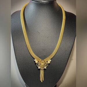 Vintage Lisa Gold-Tone Mesh Necklace Faux Pearls & Rhinestones Tassel Choker 14”